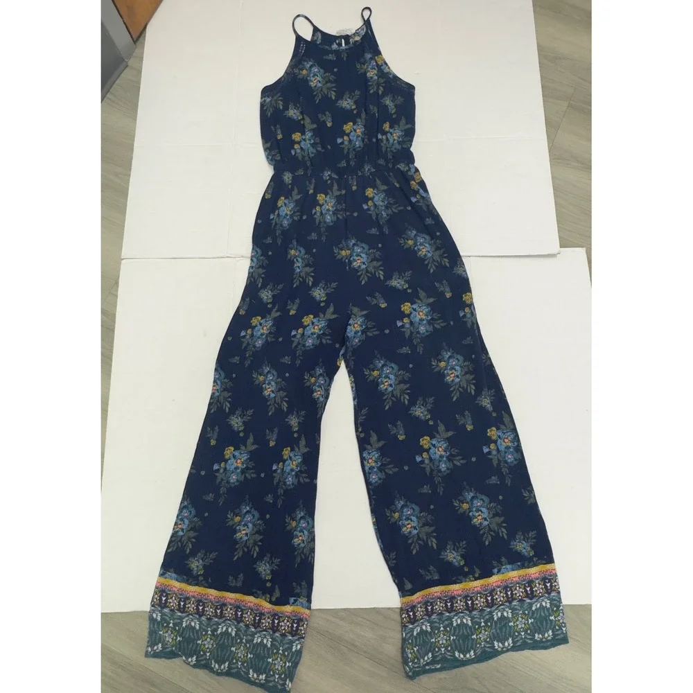 Mudd Floral Jumpsuit‎ Womens Medium Navy Blue Wide Leg Halter Boho Hippie